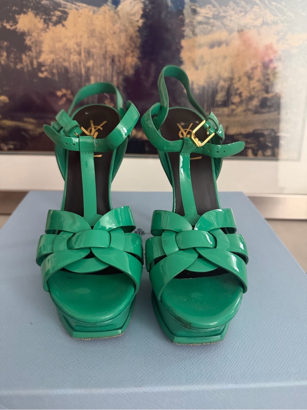 Yves Saint Laurent Green Patent Leather Platform Sandals